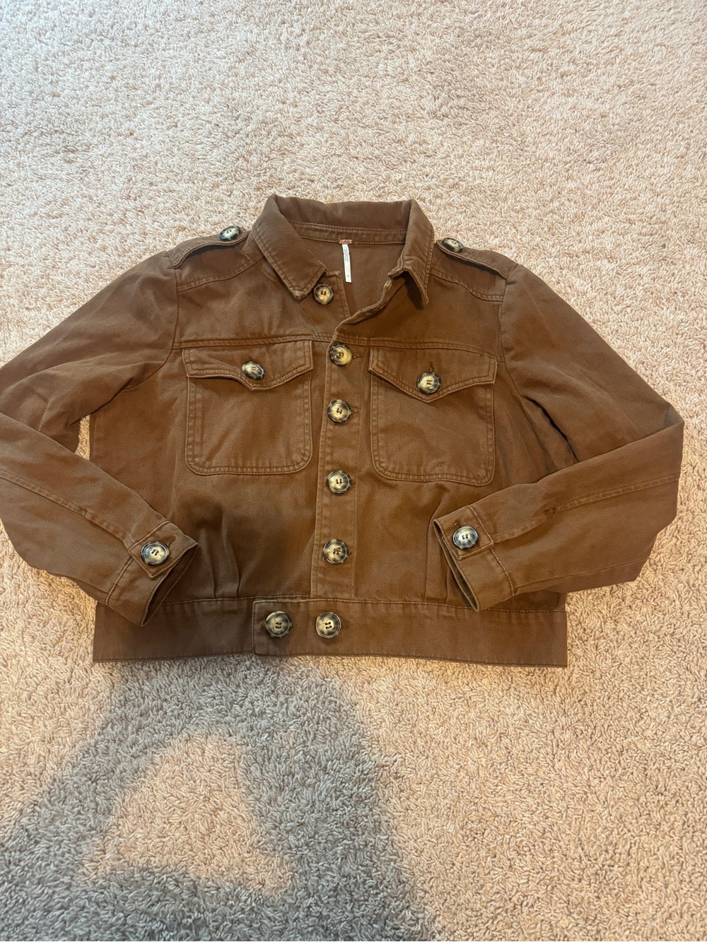 Free People Brown Cropped Military-Style Jean Jacket Size S